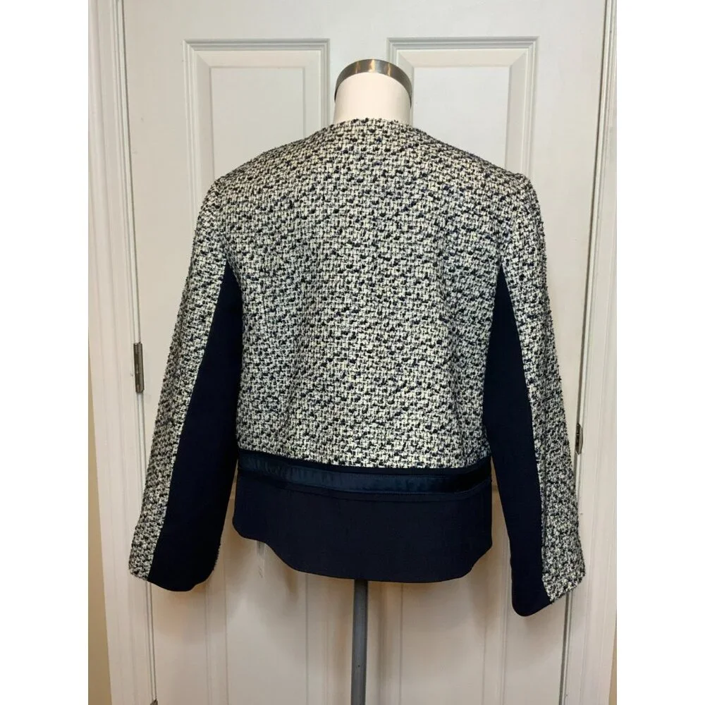 Tory Burch Lucille Metallic Tweed White & Navy Blue Wool Jacket, Size 14